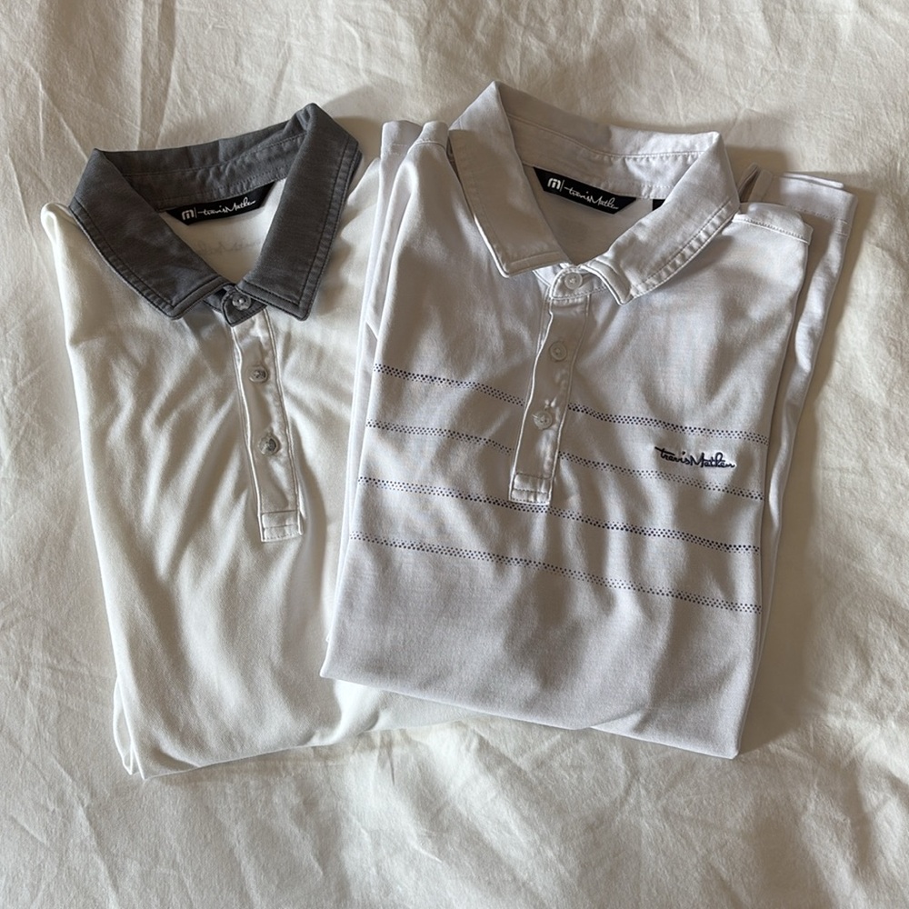 TravisMathew White Polo with Gray Collar and White Polo with Subtle Stripe